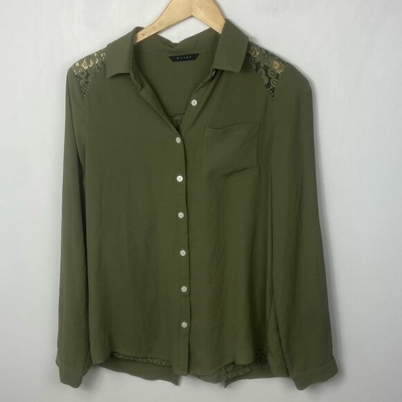 Musak Green Button Down Blouse Lace Shoulders Collared Olive Army Size Medium - Picture 11 of 12